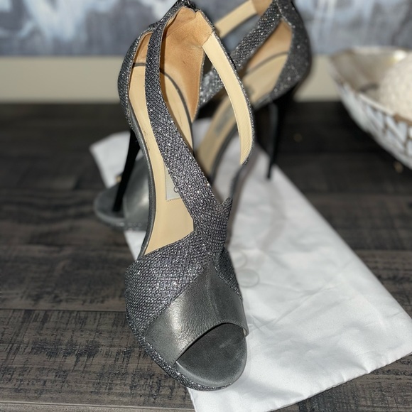 Jimmy Choo Anthracite Glitter & Leather Lame Crisscross Platform Sandals SZ 10 - Picture 7 of 9